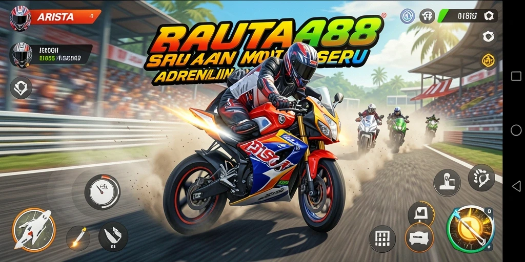 Screenshot utama dari ARISTA88 menampilkan balapan motor yang mendebarkan.