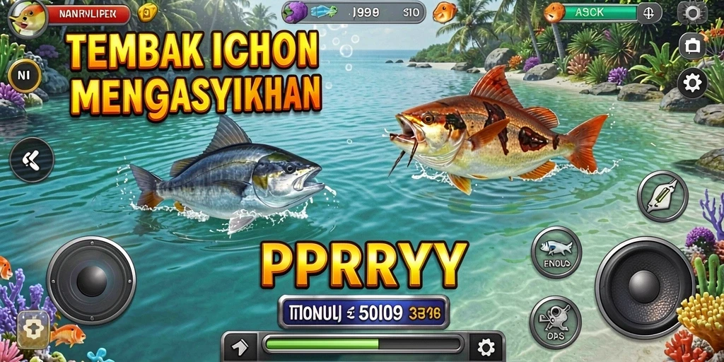 Screenshot utama gameplay <strong>PPRRYY</strong> menampilkan aksi seru dalam menembak ikan.