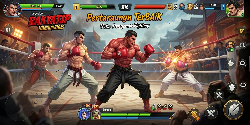 Tampilan gameplay seru RAKYATJP dengan karakter pertarungan yang dinamis.