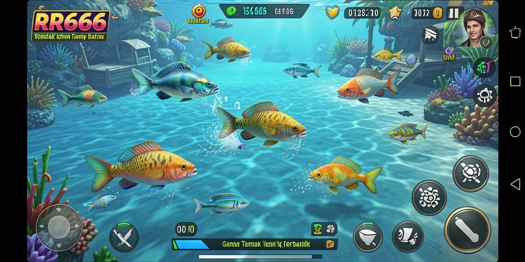 Tampilan gameplay RR666 yang seru dengan berbagai jenis ikan.