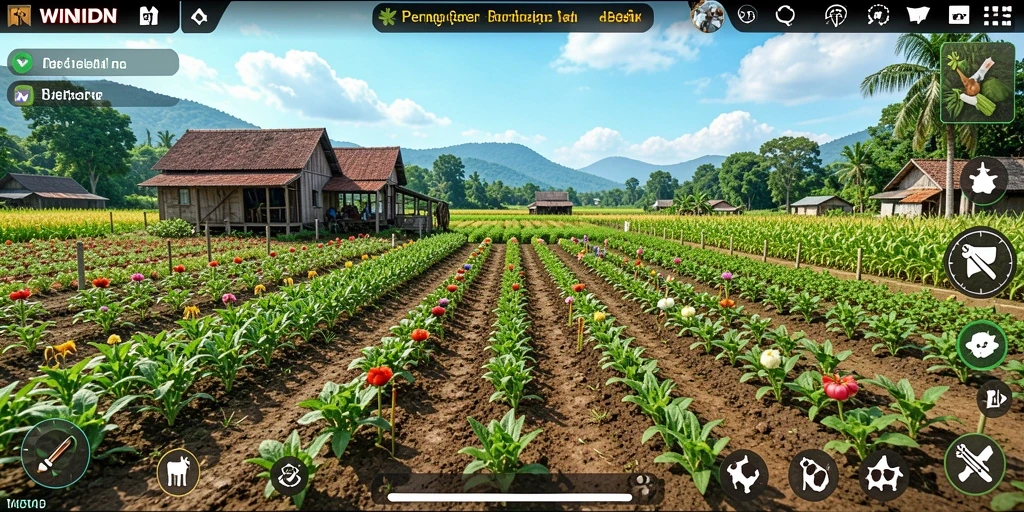 Tangkapan layar gameplay WINIDN yang menunjukkan aktivitas berkebun yang seru dan menarik.